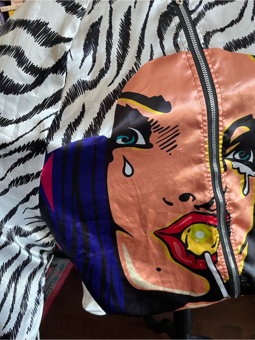 Vintage Women’s Pop Art Print Bomber Jacket - Black/White/Red - Picture 2 of 15